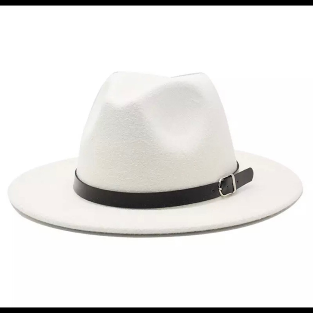 White hat belt buckle wide brim fedora